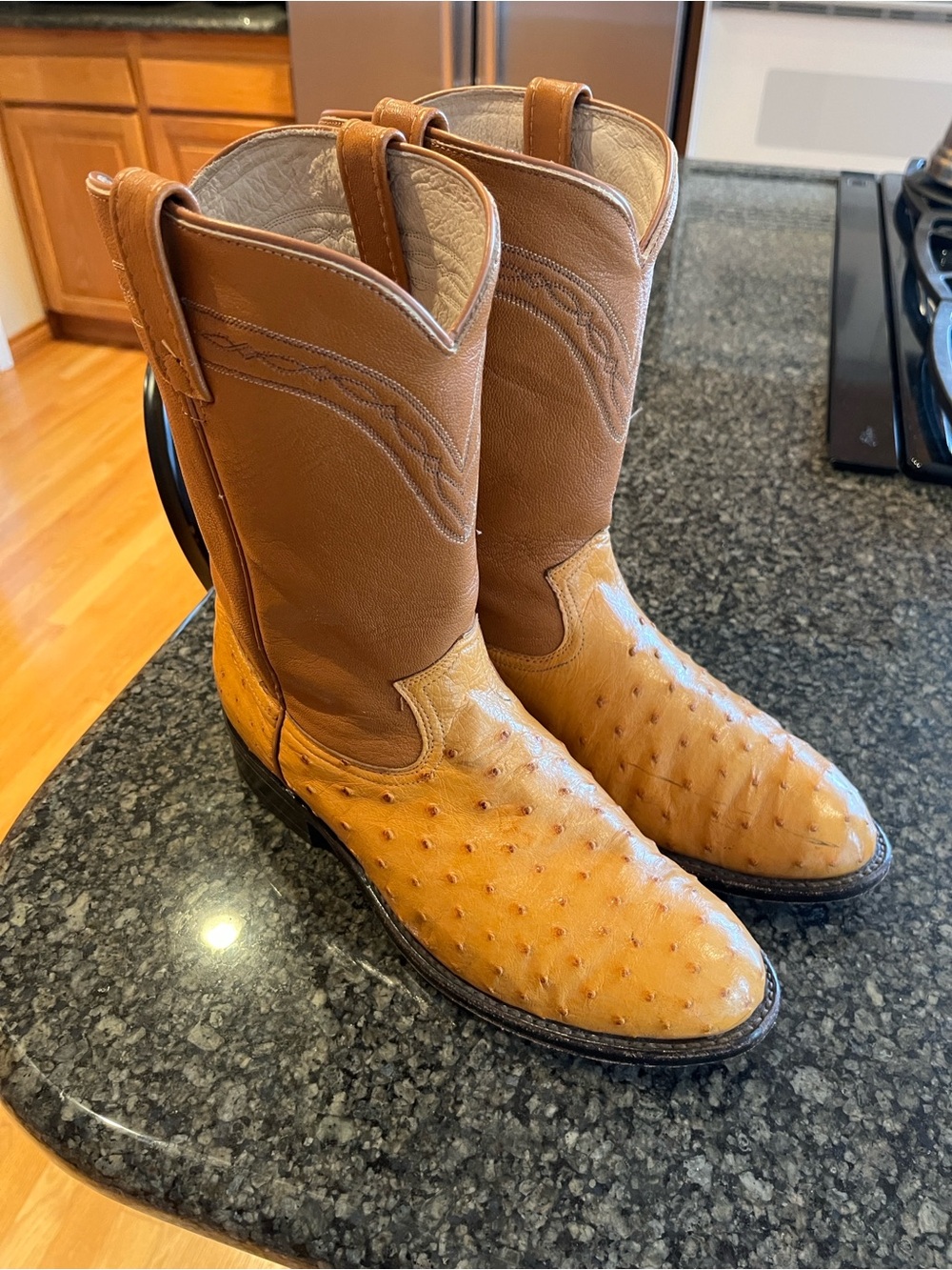 Dan Post Two-Tone Ostrich Leather Cowboy Boots in Brown and Tan